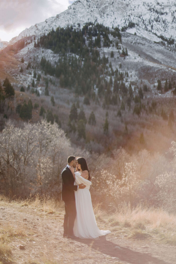 married couple kissing in the mountains