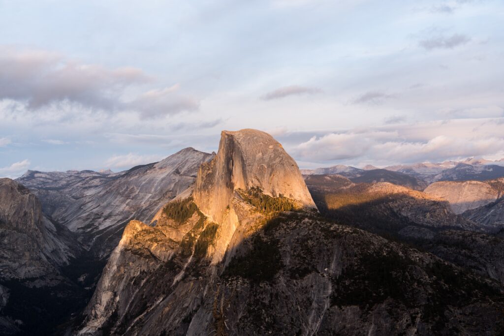 half dome at glacier point at sunset