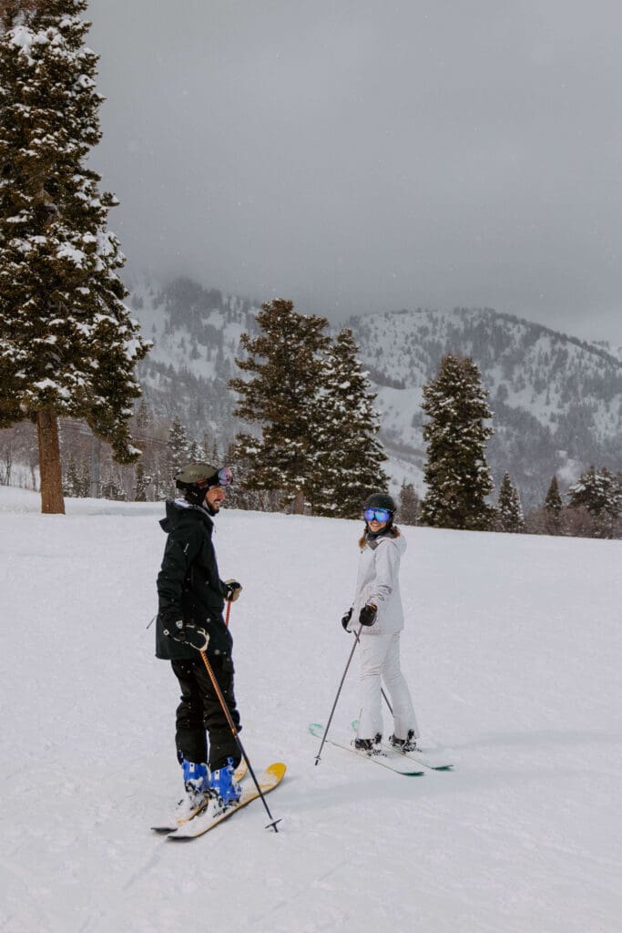 bride and groom spend their wedding day skiing snowbasin ski resort
