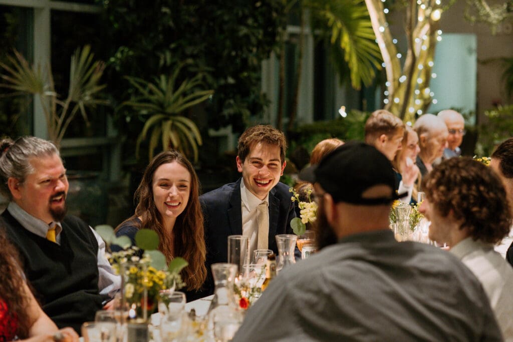 candid wedding photography of reception at red butte garden