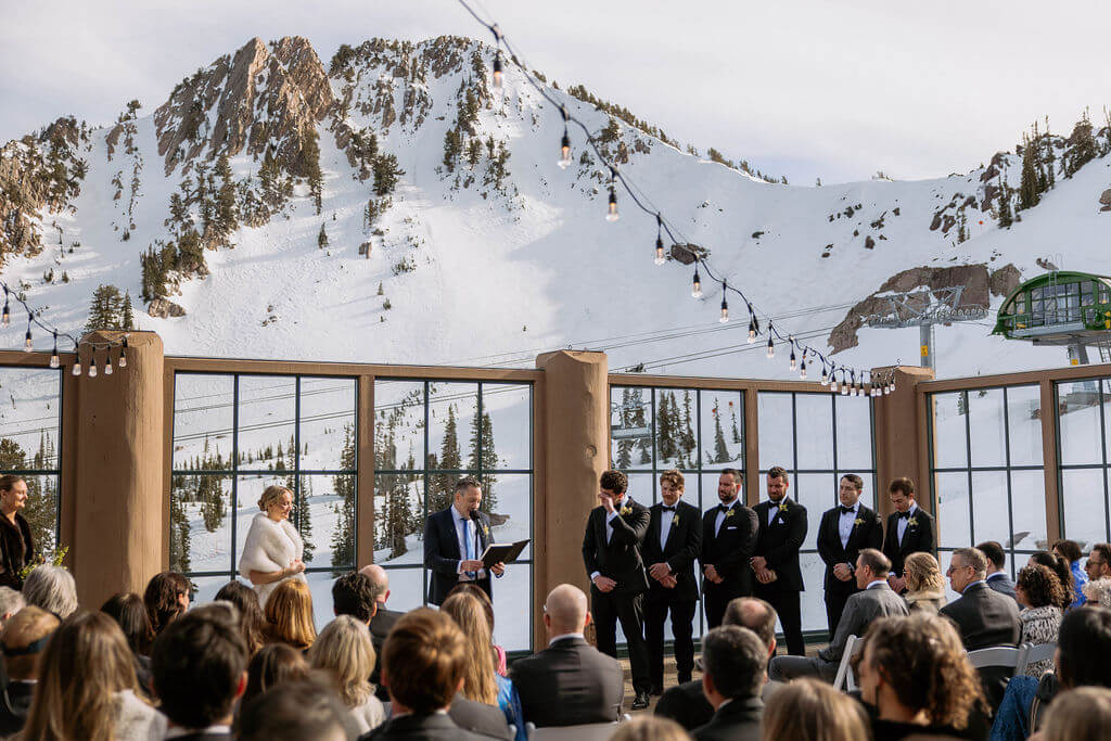 winter wedding ceremony at snowbasin ski resort