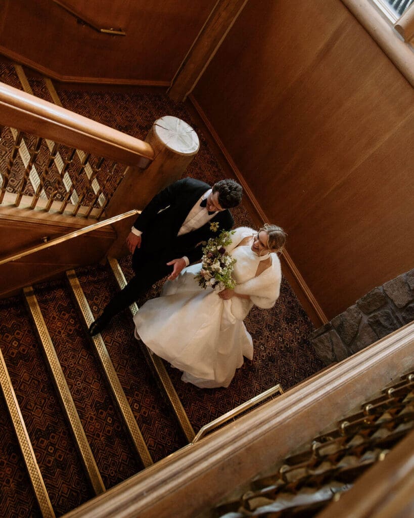 bride and groom inside needles lodge at snowbasin resort