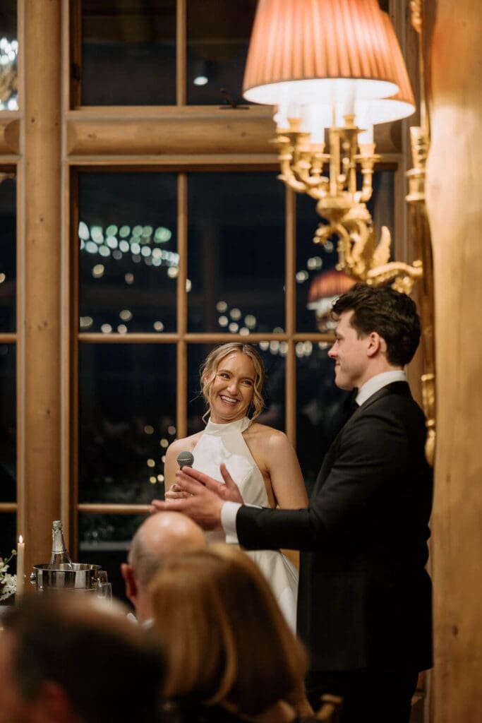 bride and groom give toast at snowbasin wedding reception