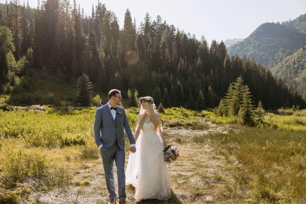 bride and groom explore utah's cottonwood canyons