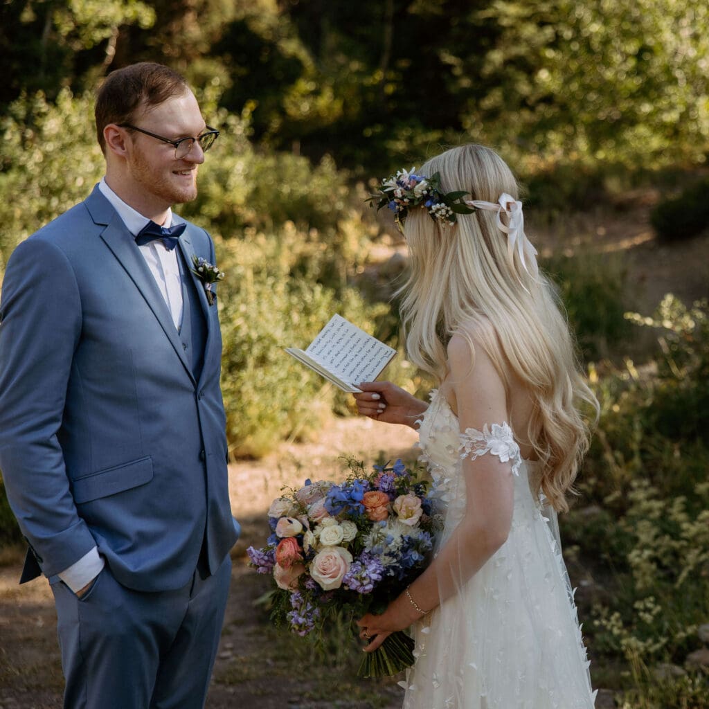 bride and groom read private vows