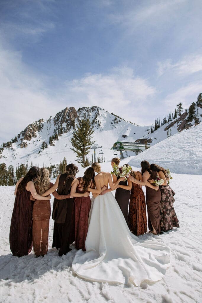 winter wedding bridal party at snowbasin resort