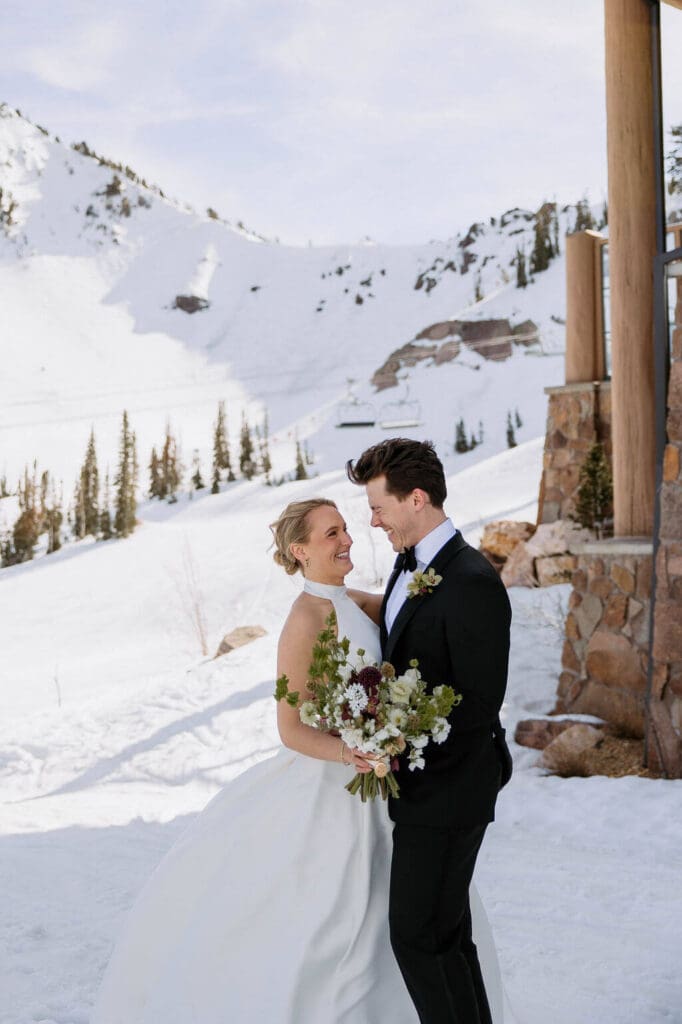 bride and groom at snowbasin ski resort