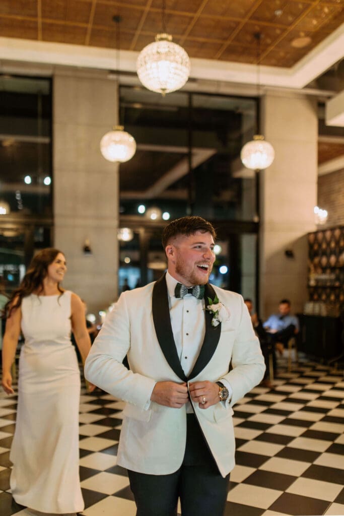 bride and groom dance at small wedding reception after mountain wedding
