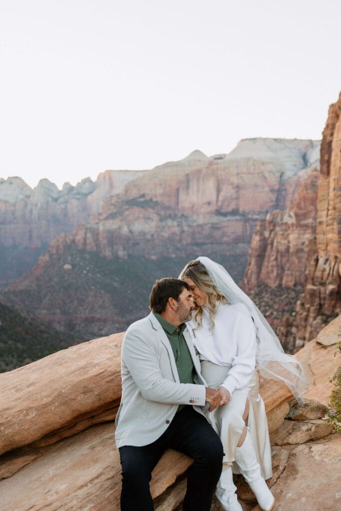 bride and groom at zion canyon overlook