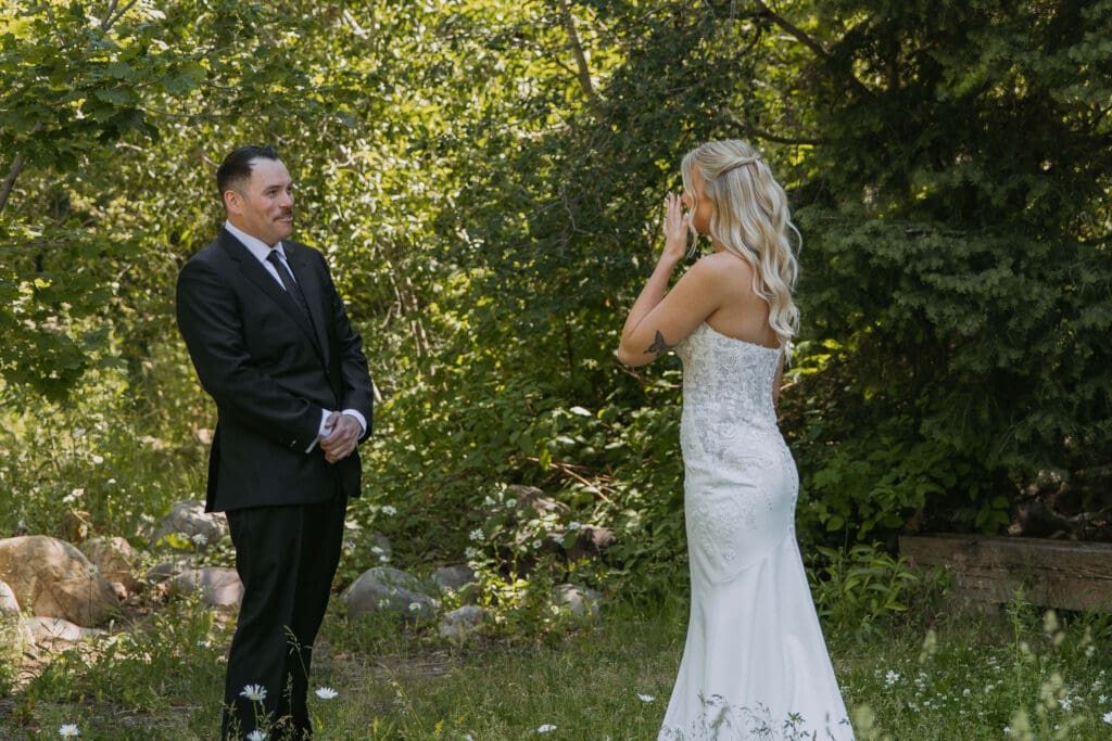 bride and groom first look